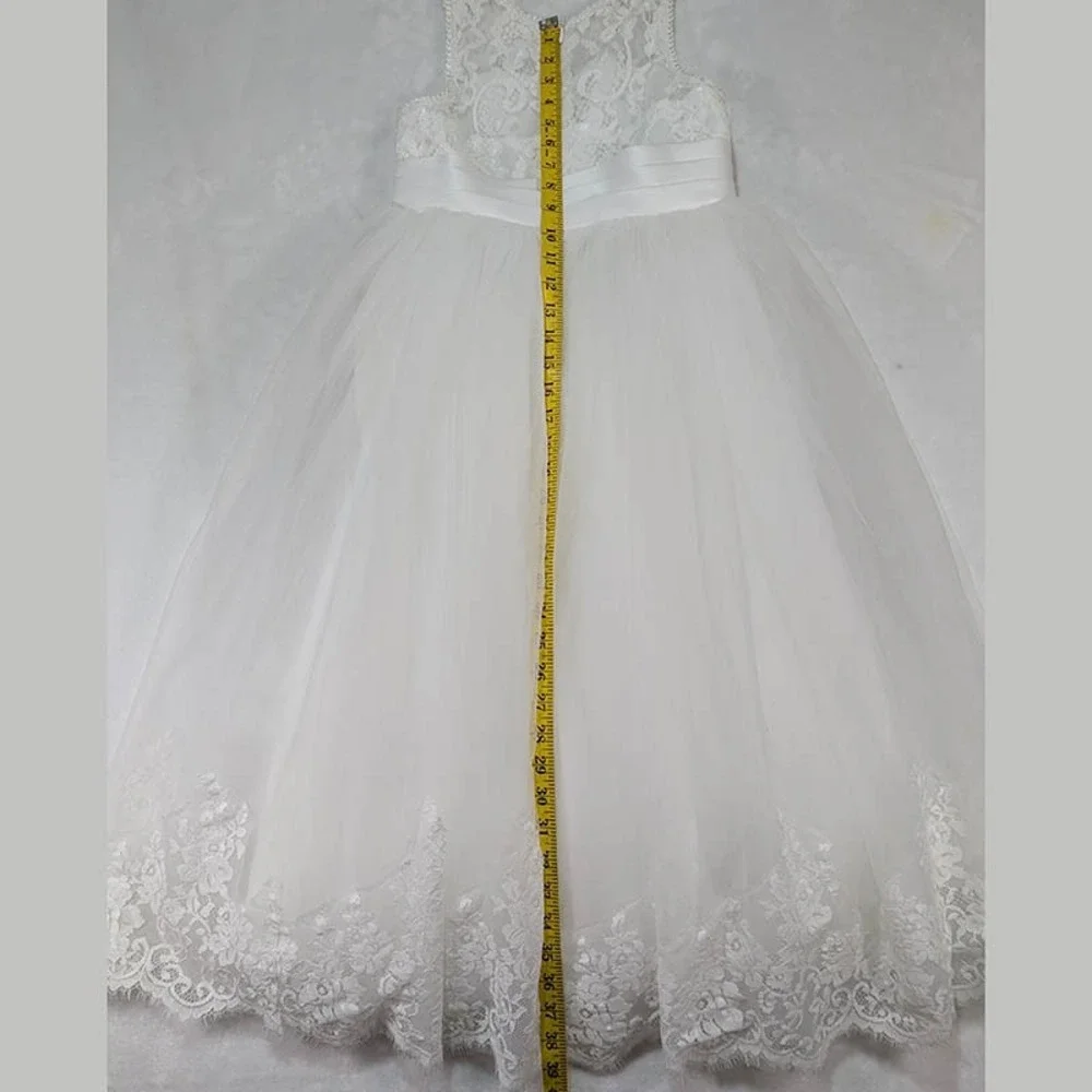 Flower Girl Wedding Pagent Junior Bridesmaid Dress Girls 8-9 White Tulle Overlay